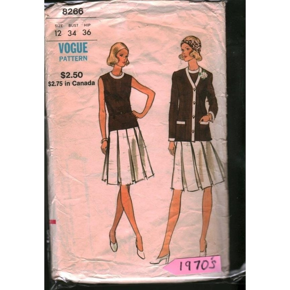 8266 Vintage 1970s Vogue Dress and Jacket Sewing Pattern Size 12‎ Bust 34 Hip 36